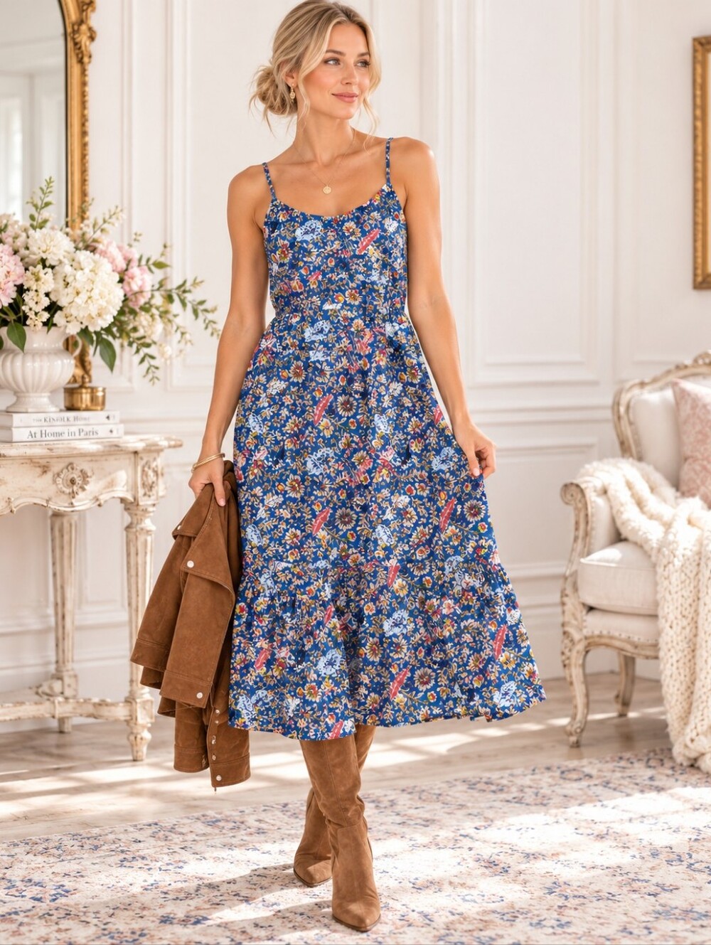 Knox Rose Blue Floral Cotton Midi Dress Adjustable Straps| Size Large